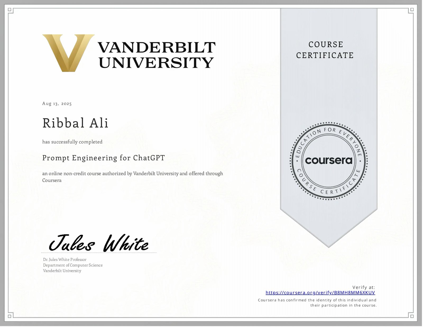 Prompt Engineering for ChatGPT Certificate